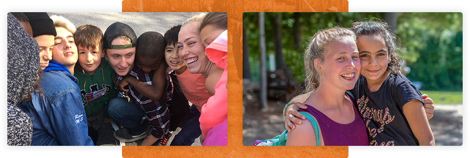 Two photographs side by side; on the left a group of campers and leaders pose smiling for a photograph. On the Right two young girls pose hugging and smiling.