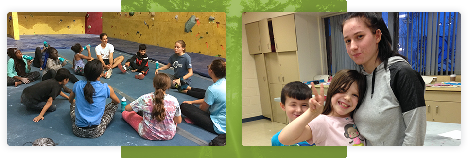 Two photographs side by side; Left side is a group of kids sitting around an instructor on mats near a climbing wall. On the right two your children stand near an instructor smiling for the camera.