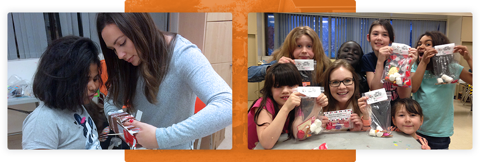 Two photographs side by side; Left side an instructor is showing a young girl how to do something with a milk carton. Right side a group of children are holding up bags with treats in them smiling and making faces for the camera.